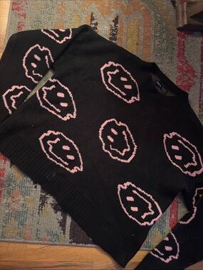 Black Knit Sweater with Pink Smiley Motif